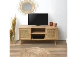 MAYA - Meuble TV 2 Portes Effet Bois Et Façades Rotin -Meubles Soldes Boutique meuble tv 9494175