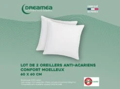 Lot De 2 Oreillers Traitement Anti-acariens Naturel Greencare - 60 X 60 Cm - 550 Gr - Blanc - Coton - AZYLIA