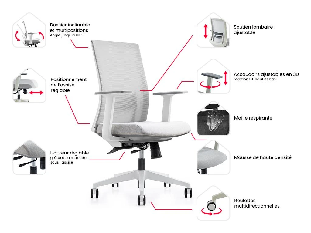 Fauteuil De Bureau Ergonomique Professionnel - Tissu Et Nylon - Gris Et Blanc - FURNIA 16 Fauteuil De Bureau Ergonomique Professionnel - Tissu Et Nylon - Gris Et Blanc - FURNIA – Image 14