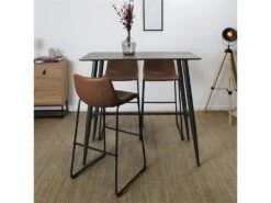 TIANO - Ensemble Table Haute Effet Bois + 4 Tabourets Simili