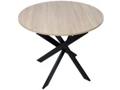 Table à Manger Ronde Fixe ZEN, 90x90x77cm, Capacité Jusqu'à 4 Personnes, Couleur Chêne, Pieds Métalliques Couleur Noir Laqué Mat