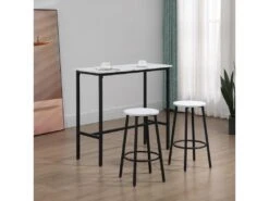 Ensemble 2 Places 3 Pièces Design Contemporain - Acier Noir Aspect Marbre Blanc