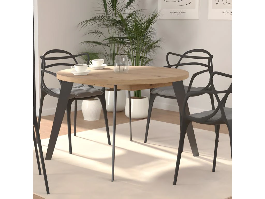 Table Ronde Extensible 110/155 Cm Decor Bois - Pieds Métal - VANESSA 4 Table Ronde Extensible 110/155 Cm Decor Bois - Pieds Métal - VANESSA – Image 2