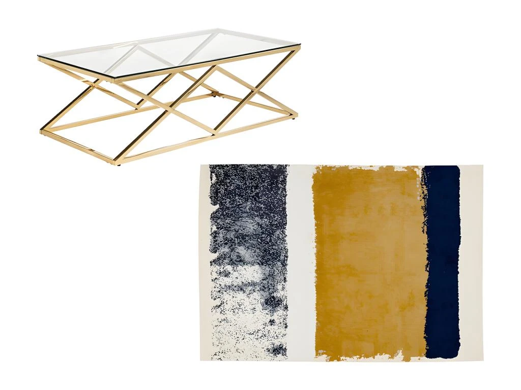 Ensemble Table Basse Dorée CHARLOTTE Et Tapis Bleu, Moutarde Et Gris CAMDEN 4 Ensemble Table Basse Dorée CHARLOTTE Et Tapis Bleu, Moutarde Et Gris CAMDEN – Image 2