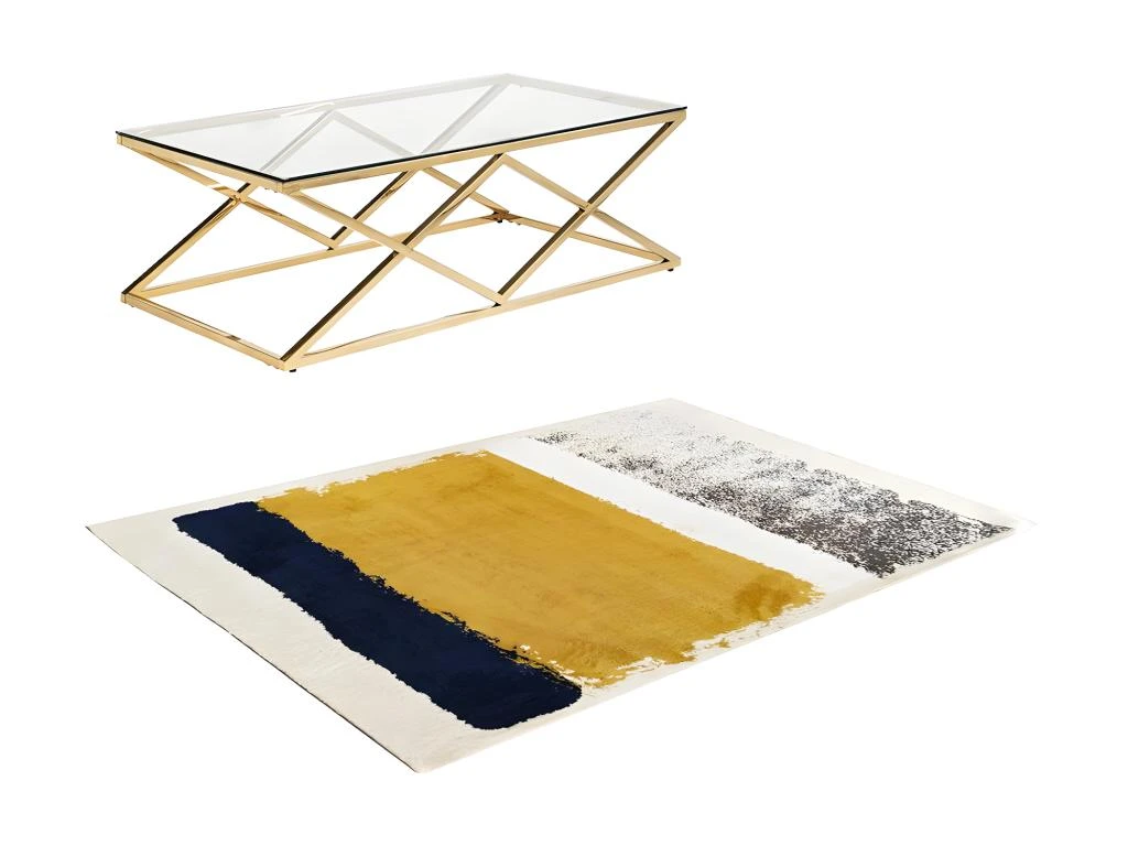 Ensemble Table Basse Dorée CHARLOTTE Et Tapis Bleu, Moutarde Et Gris CAMDEN 3 Ensemble Table Basse Dorée CHARLOTTE Et Tapis Bleu, Moutarde Et Gris CAMDEN