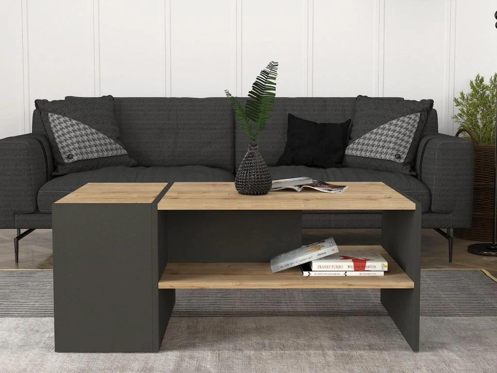 Table Basse Avec Rangements - Anthracite Et Naturel - VELKAN 3 Table Basse Avec Rangements - Anthracite Et Naturel - VELKAN