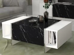Table Basse Avec 1 Porte Et 2 Niches - Effet Marbre Noir, Blanc Et Chromé - CADEBA -Meubles Soldes Boutique table basse 13099695