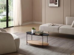 Table Basse Double Plateau En Céramique Et Bois D'hévéa - Effet Marbre Noir Et Naturel - FUDILA