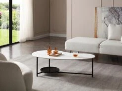 Table Basse Avec 1 étagÚre - Céramique, Verre Et Métal - Effet Marbre Blanc Et Noir - MURIENA