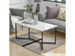 Table Basse Scandinave Avec Effet Marbre - Base En Métal - Blanc