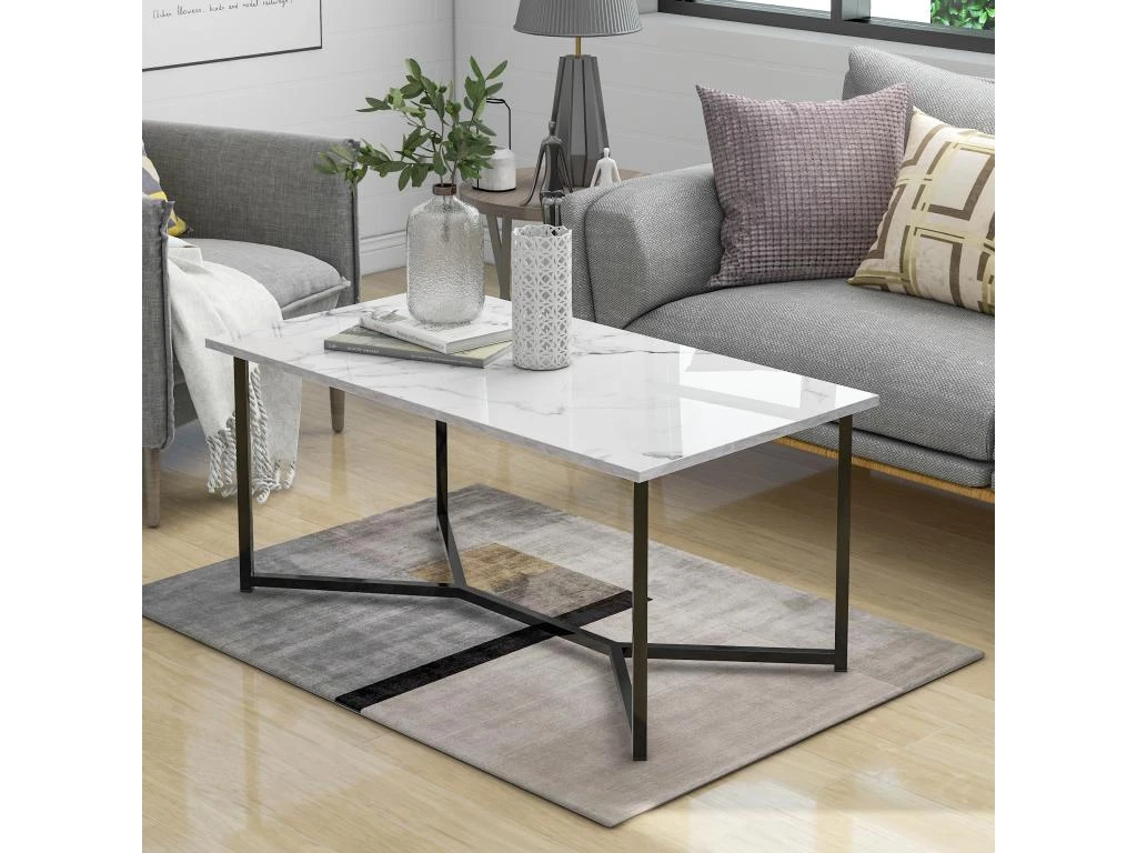 Table Basse Scandinave Avec Effet Marbre - Base En Métal - Blanc 3 Table Basse Scandinave Avec Effet Marbre - Base En Métal - Blanc