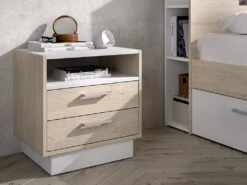 Table De Chevet 2 Tiroirs Et 1 Niche - Coloris : Naturel Et Blanc - LEANDRE