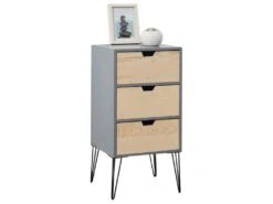 Table De Chevet BAHIA Meuble De Nuit Avec 3 Tiroirs De Coloris Gris Et Bois Naturel Avec Pieds épingle En Métal Noir