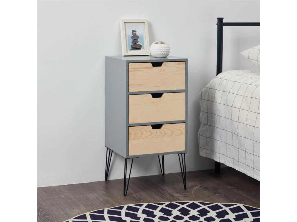 Table De Chevet BAHIA Meuble De Nuit Avec 3 Tiroirs De Coloris Gris Et Bois Naturel Avec Pieds épingle En Métal Noir 4 Table De Chevet BAHIA Meuble De Nuit Avec 3 Tiroirs De Coloris Gris Et Bois Naturel Avec Pieds épingle En Métal Noir – Image 2