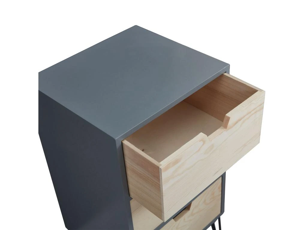 Table De Chevet BAHIA Meuble De Nuit Avec 3 Tiroirs De Coloris Gris Et Bois Naturel Avec Pieds épingle En Métal Noir 7 Table De Chevet BAHIA Meuble De Nuit Avec 3 Tiroirs De Coloris Gris Et Bois Naturel Avec Pieds épingle En Métal Noir – Image 5