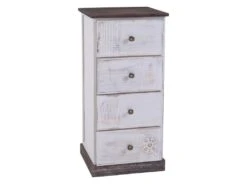 Table De Chevet JUNA Chiffonnier Avec 4 Tiroirs, En Bois De Paulownia Blanc Style Vintage Ethnique Bohême Avec Gravures