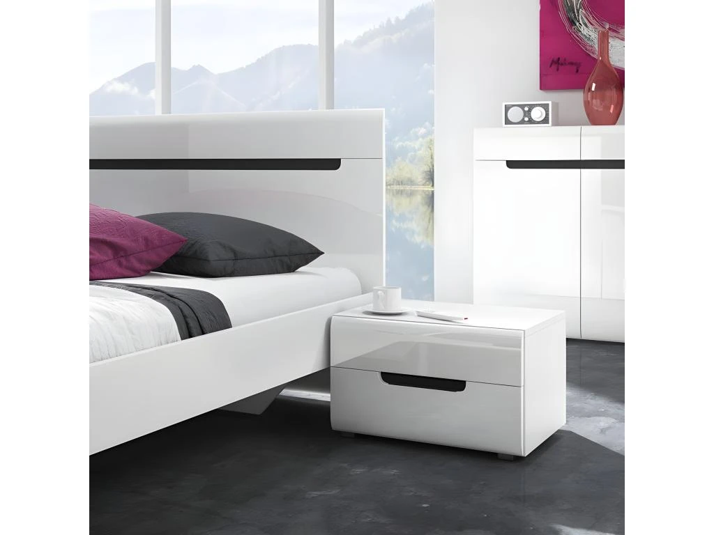 Table De Chevet Deux Tiroirs, Collection LUCIA. Coloris Blanc. 5 Table De Chevet Deux Tiroirs, Collection LUCIA. Coloris Blanc. – Image 3