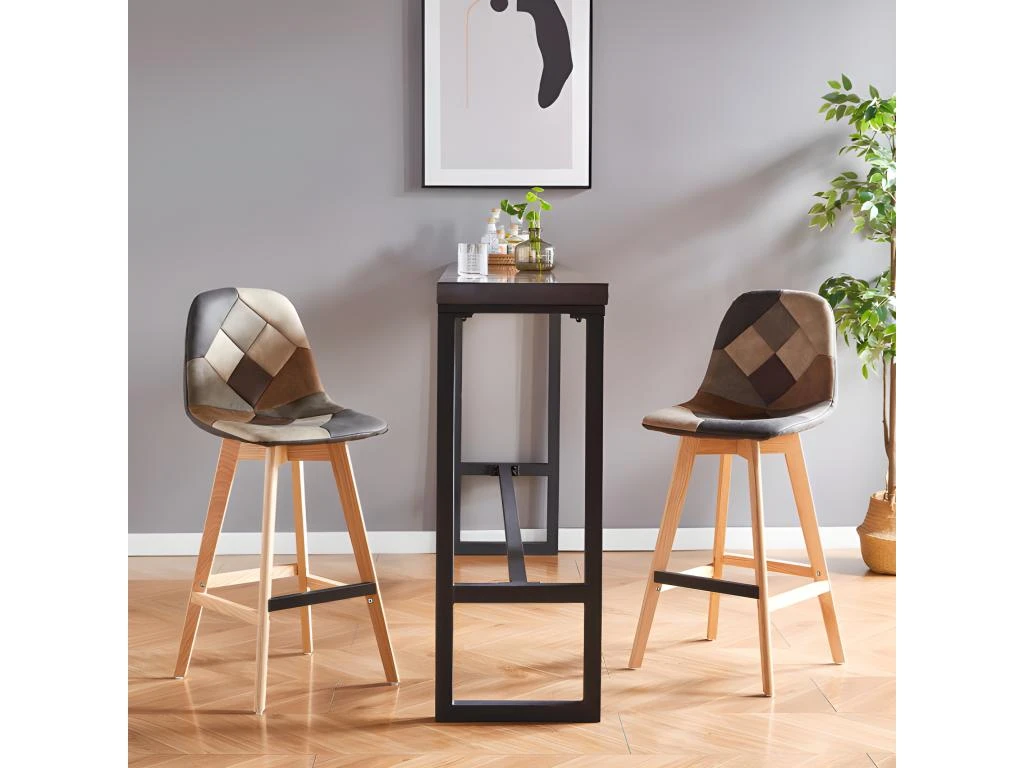 OWEN OAK - Chaise De Bar Vintage Patchwork Pieds Chêne(x2) 4 OWEN OAK - Chaise De Bar Vintage Patchwork Pieds Chêne(x2) – Image 2