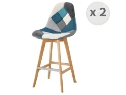 OWEN - Chaise De Bar Scandinave Tissu Patchwork Bleu Pieds HĂȘtre (x2)