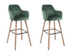 Lot De 2 Tabourets De Bar En Velours Et Pieds Bois De Hêtre - Vert Foncé - ELEANA