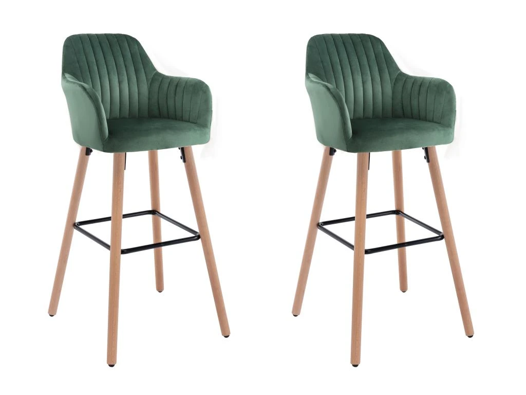 Lot De 2 Tabourets De Bar En Velours Et Pieds Bois De Hêtre - Vert Foncé - ELEANA 3 Lot De 2 Tabourets De Bar En Velours Et Pieds Bois De Hêtre - Vert Foncé - ELEANA