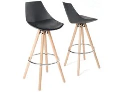 KAYELLES Lot De 2 Tabourets Scandinave Bois Coussin Intégré SOTO (Noir)