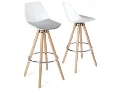 KAYELLES Lot De 2 Tabourets Scandinave Bois Coussin Intégré SOTO (Blanc Gris)