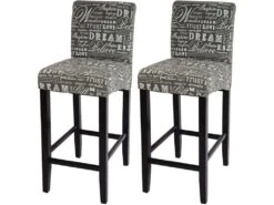Lot De 2 Tabourets De Bar En Tissu Motif écriture Gris Pieds Foncés Avec Repose Pieds TDB04074