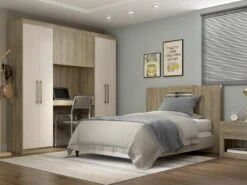 Pont De Lit ANTERO II - 6 Portes - Avec Armoires Et Rangements - L.200 Cm - Chêne Et Ivoire
