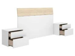 Tête De Lit Duleda, Tête De Lit Pour Chambre Double, Tête De Lit Double Avec 2 Tables De Chevet, 161x4h100 Cm, Blanc Et Chêne -Meubles Soldes Boutique tete de lit et pont de lit 22768489